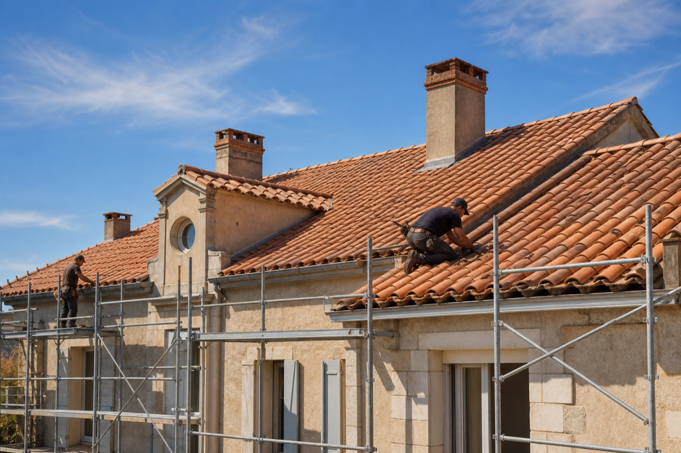 Chantier de rénovation avec tuiles neuves et échafaudage sécurisé