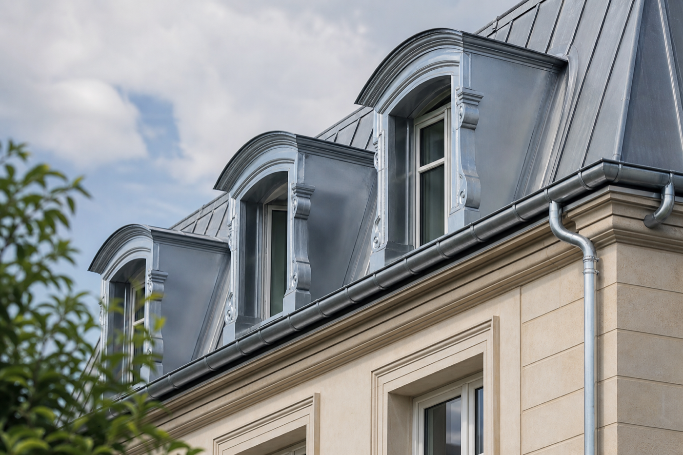 Zinguerie et lucarnes en zinc sur façade soignée